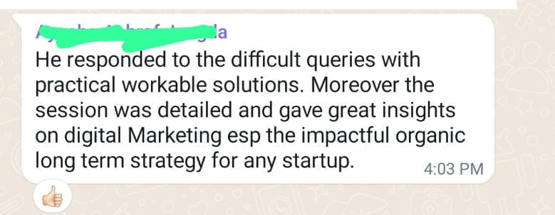 Student feedback on Saad's digital marketing course